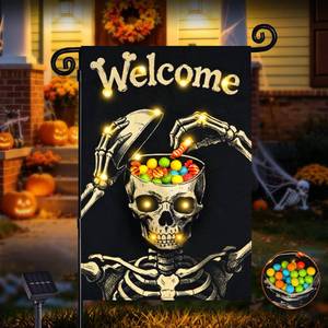 lot 2341 image: Halloween Solar Lighted Garden Flag Skeleton Yard Decor 12x18 In
