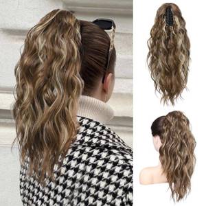 lot 2448 image: Flufymooz Claw Clip Ponytail Extension 18 Inch Curly Brown Blonde Highlights