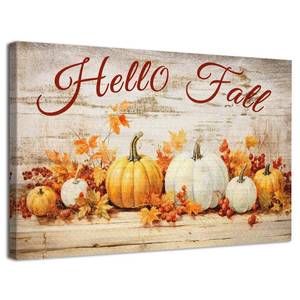 lot 7614 image: YOOOAHU Rustic Pumpkin Hello Fall Canvas Wall Art 12x16 Inch