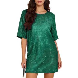 lot 7628 image: Catheive Womens Sequin Glitter Cocktail Dress Short Sleeve Green