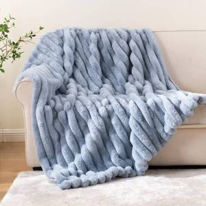 lot 7631 image: Battilo Faux Fur Throw Blanket, Blue Striped, 60 x 80 Inch