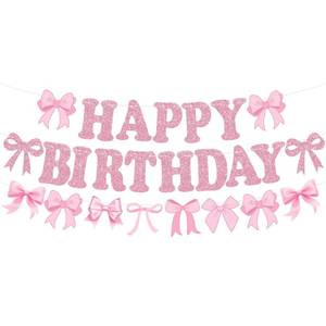 lot 8214 image: RICHHHA Glitter Pink Bow Happy Birthday Banner Pre-Strung Party Backdrop Sign