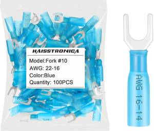 lot 8233 image: Haisstronica Heat Shrink Fork Terminals 100 PCS 16-14 AWG #10 Blue