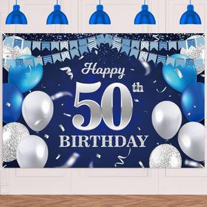 lot 8257 image: DZTRELFK 50th Birthday Banner Backdrop Navy Blue Silver Glitter 71x47 Inche