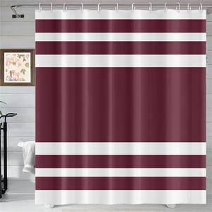lot 8272 image: Umpoo Burgundy Striped Shower Curtain with Hooks Waterproof Fabric 72x72 Inch