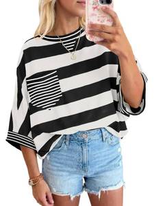 lot 8294 image: Fisoew Womens Oversized Color Block Striped T-Shirt Short Sleeve Crewneck