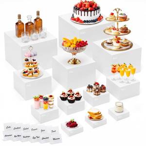 lot 9272 image: 12 Pcs White Acrylic Buffet Risers with Mini Sign, Buffet Table Acrylic Cube Food Display Stands Party Catering Dessert Jewelry Collectibles, Acrylic Cube Nesting Boxes with Hollow Bottoms Home Storage (10 9 8 7 6 5 4 4 4 3 3 3)