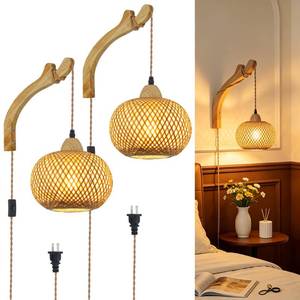lot 9278 image: Frideko Bamboo Wall Sconces Set of Two Plug in, Boho Wall Lamp with Plug in Cord, Farmhouse Wall Light Fixtures with 9.84FT OnOff Switch Cord, Rattan Sconces Wall Lighting for Bedroom Living Room