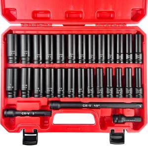 lot 9279 image: EACELIY 29pcs 12 Socket Set, Drive Deep Impact Socket Set, Including 3 , 5, 10 Impact Extension Bar, Standard SAE (38 - 1) and Metric (10mm-24mm), Cr-V Steel