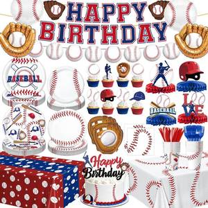 lot 9283 image: Baseball Birthday Decorations Set Includes Plates, Napkins, Cups, Cutlery, Toppers, Banner, Hanging Swirls, Tablecloths, Honeycomb Centerpieces, Foil Balloons for Baseball Party Decorations, Serves 24