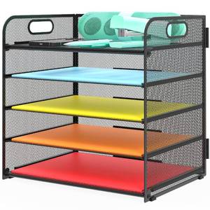 lot 9289 image: Letter Tray Paper Organizer 5-Tier Desk Organizer File Organizer Paper Holder with Handle, Metal Desktop Document Shelf Tray Office Classroom Organization - Black