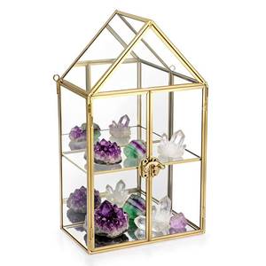 lot 9292 image: JUXYES 2 Tiers Tabletop Brass Clear Glass Rock Display Case with Latch Door