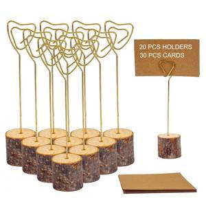 lot 9318 image: 20 Pcs Rustic Wood Place Card Holders and 30 Pcs Kraft Place Cards, Wooden Table Number Holder Stand Photo Picture Note Clip Holders for Wedding Party Name Sign(Gold Heart Wire)
