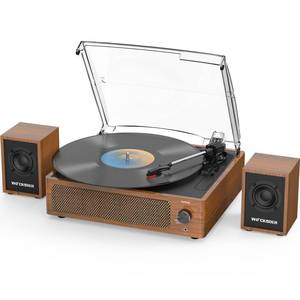 lot 9343 image: WOCKODER� Vinyl Record Player with 2 External Passive Speakers,Brown Wooden