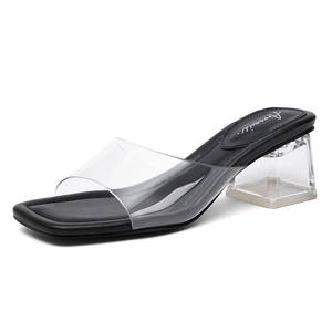 lot 9357 image: Arromic Clear Heels for Women Open Toe Low Block Chunky Heels Sandals Party Dress Pumps Shoes Backless Mule Sandals Transparent Shoes, Size 9