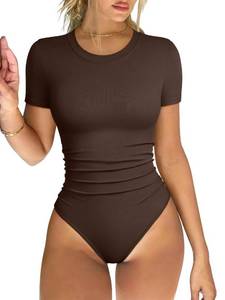 lot 10348 image: OQQ Women Bodysuits Ruched Waist Short Sleeve One Piece Dark brown, Size L