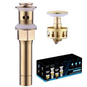 lot 10368 image: Bathroom Sink Drain with Overflow, Brushed Gold Sink Drain for Bathroom Sink, Universal Stainless Steel Gold Sink Drain, Pop Up Drain Stopper with Detachable Basket