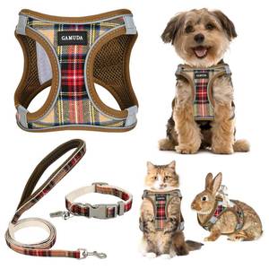 lot 10400 image: GAMUDA Small Pet Harness Collar and Leash Set, Step in No Chock No Pull Soft Mesh Adjustable Dog Vest Harnesses Plaid Reflective for Dogs Puppy Cats Kitten Rabbit (Brown, M)