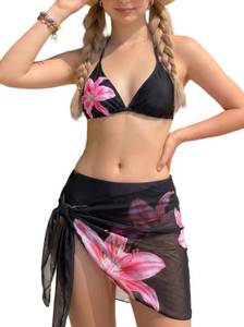 lot 10419 image: Luckydora Girls 3 Piece Floral High Waisted Bikini Set Halter Triangle Cover Up Skirt Cute Summer Vacation Beach Pool Swimsuit Black 11 Years