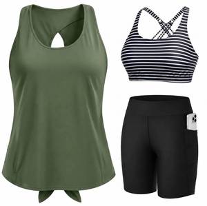 lot 10427 image: Green and Striped 3 Piece Athletic Tankini Swimsuit with Pocket Shorts S