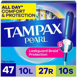 lot 10429 image: Tampax Pearl Tampons for Women Multipack, with LeakGuard Braid, LightRegularSuper Absorbency, Unscented, 47 Count