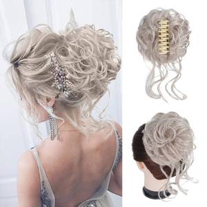 lot 10443 image: Foaoit Messy Bun Hair Piece for Women - Wavy Curly Fake Hair Bun Extension, Tousled Updo Clip in Ponytail Extension, Natural Synthetic Hairpiece with Party Daily Wedding Beige Silver