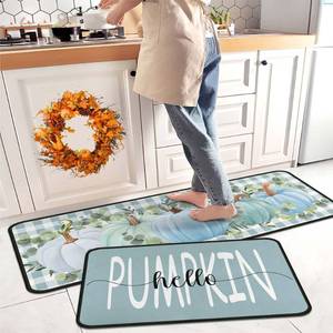 lot 13368 image: Kukli Kitchen Buffalo Plaid Pumpkin Fall Kitchen Rugs Set of 2 17x47 17x30