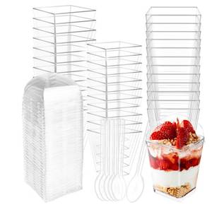 lot 13374 image: 50 Count 5oz Clear Square Plastic Dessert Cups with Lids and Spoons