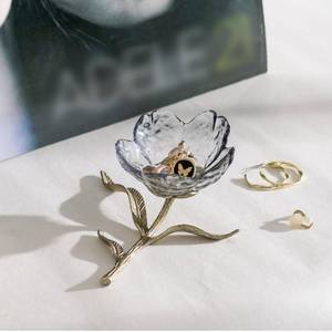 lot 13415 image: Soffee Design Dark Glass Flower Jewelry Tray with Gold Metal Leaf Base