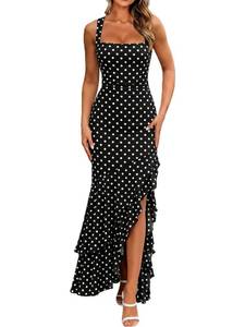 lot 14252 image: BORIFLORS Womens Bodycon Ruched Mermaid Maxi Dress Polka Dot Black Size L