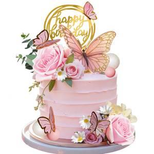 lot 17611 image: Tazimi Pink Flower Butterfly Cake Toppers Happy Birthday Decoration Set