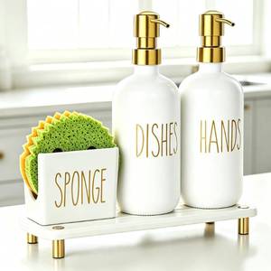 lot 17632 image: Cisily Kitchen Soap Dispenser Set with Gold Pumps and Ceramic Sponge Holder