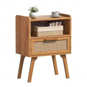 lot 19866 image: Lerliuo Rattan Nightstand Side Table with Drawer and Open Shelf