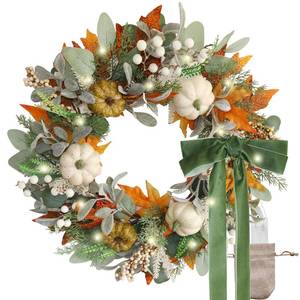 lot 19879 image: iWREATH 20 Inch Pre-Lit Cream and Gold Pumpkin Fall Wreath