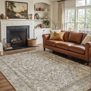 lot 19888 image: LIDALL 5x7 Beige Brown Washable Area Rug Vintage Print