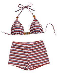 lot 20162 image: WDIRARA Womens Striped Halter Bikini Set 2 Piece Swimsuit Red Medium