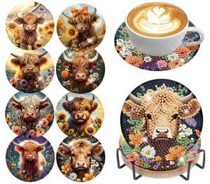 lot 20211 image: Croshom Diamond Art Coasters Kit 8 Pcs Highland Cow Diamond Painting