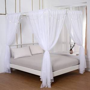 lot 20224 image: Akiky Canopy Bed Curtains with Star Lights, 8 Panels, FullQueen, White