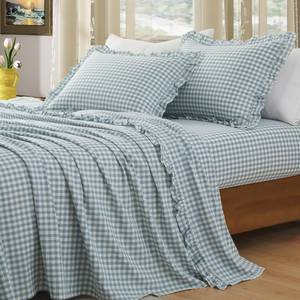 lot 20261 image: KKJIAF 3-Piece Ruffle Gingham Sheet Set Twin Size Dusty Blue Plaid