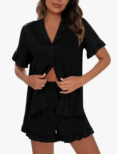 lot 2425 image: Black Short Sleeve Button-Front Shirt and Drawstring Elastic Waist Pants Set M ladies pajama set