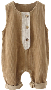 lot 2426 image: Tan Corduroy Sleeveless Baby Romper with Cream Button Placket Size 6