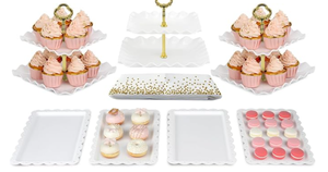 lot 11121 image: Lot of White Rectangular Scalloped Heart-Cutout Serving Trays with Gold Stands (6 Rectangle, 4 Tiered Stands)