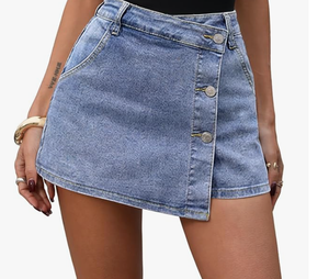 lot 12874 image: ELLEVEN Denim Button-Front Wrap Shorts Light Blue Wash Size M
