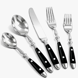lot 12892 image: Flatware Set with Black Handles & White Dot Accents, Individually Bagged, 6 Bundles
