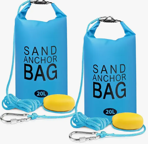 lot 12851 image: Set of 2 Sand Anchor Bags 20L Blue w Floats, Rope and Carabiners