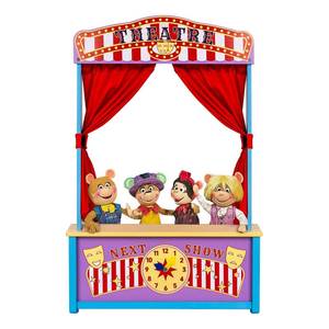 lot 1129 image: WodGod Wooden Puppet Theater with Curtains and Clock, 25 x 16.5 x 6 Inch