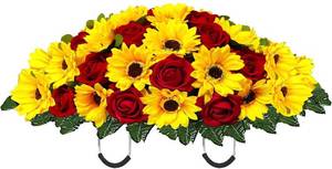 lot 1156 image: Artificial Cemetery Flowers Headstone Saddle Arrangement Yellow Red
