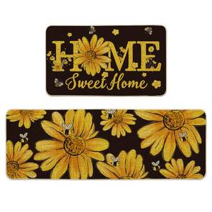 lot 1164 image: Artoid Mode Kitchen Mats Set of 2 17x29 and 17x47 Black Bee Sunflower Daisy