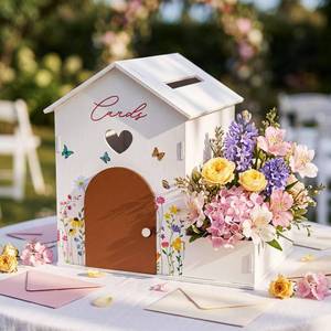 lot 1171 image: OurWarm Wooden Wedding Card Box House Shaped with Flower Trough