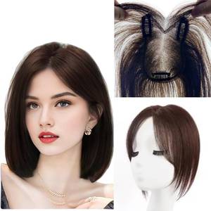 lot 2003 image: Anemone Womens Hand-Tied Clip-In Hair Topper 8x11 Dark Brown Mid Bangs